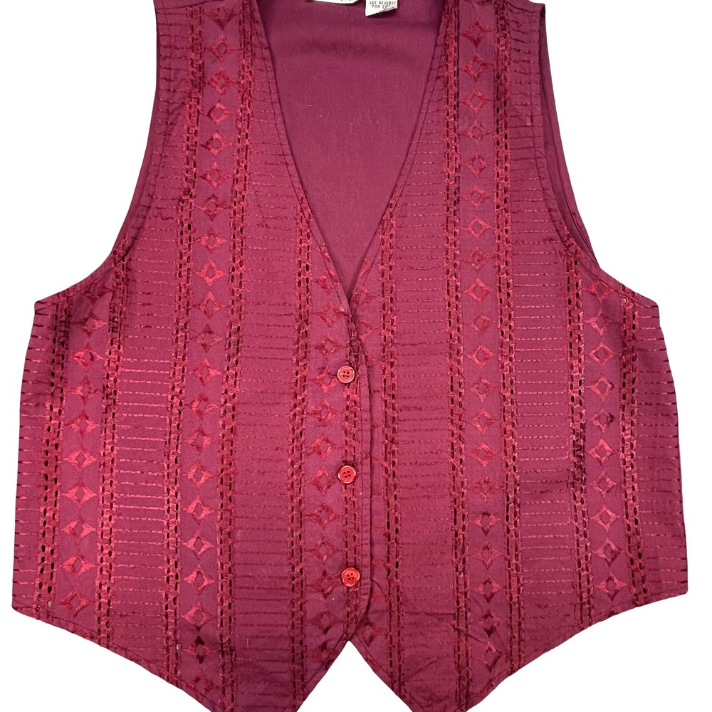 Anchor Blue Vintage Burgundy Cotton Eyelet Embroidered Button Front Vest Large